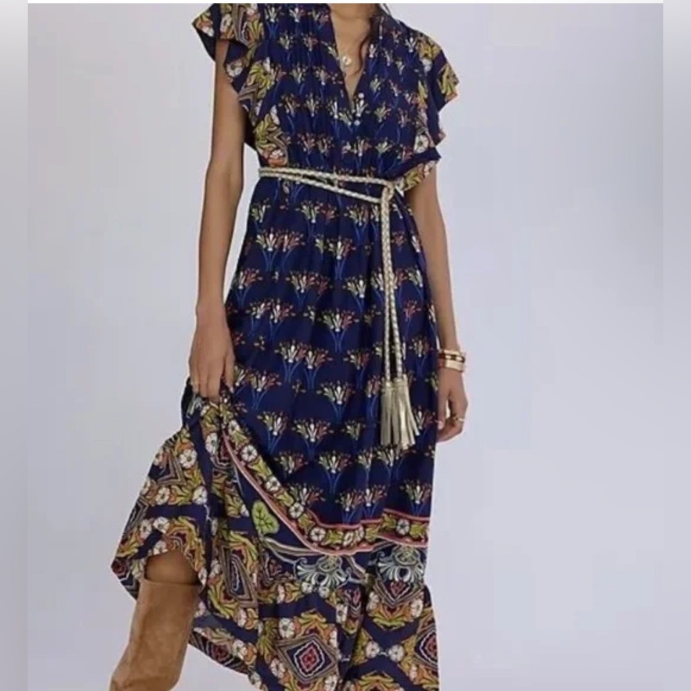 Anthropologie Maeve Cassandra Dress Medium Blue Floral Flutter Sleeve Maxi